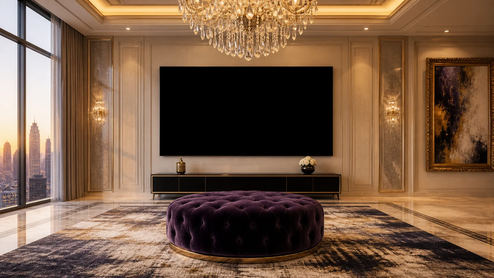 a penthouse living room with a very large television